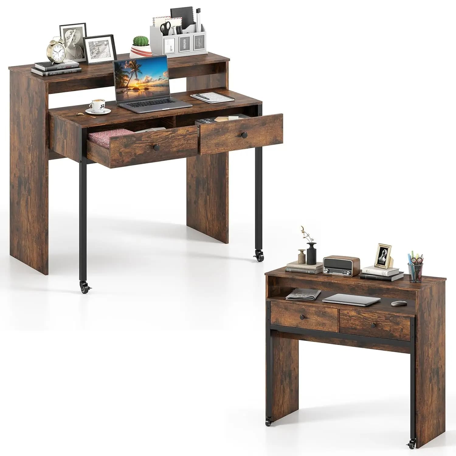 Small Computer Desk with Hutch & Drawers, Extendable Writing Desk w/Pull Out Secondary Table, Monitor Stand &, Customized