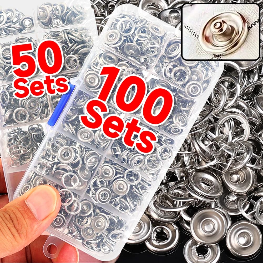 100/50Set Kit di elementi di fissaggio a scatto in acciaio inossidabile Bottoni per abbigliamento da cucito Borchie a pressione Pinze Bottoni automatici con fibbia a cinque artigli fai da te