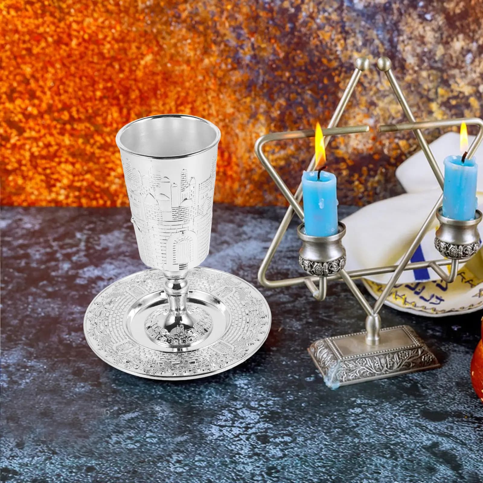 Set Elegante di Calici Kiddush Vintage in Lega di Zinco con Piattino per Cerimonie Religiose Ebraiche, Servizio di Benedizione e Shabbat