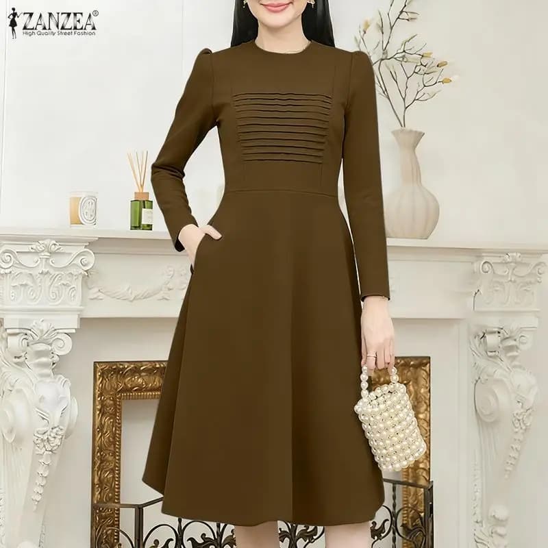 ZANZEA 2026 Abito Midi Elegante da Donna a Pieghe a Tinta Unita con Scollo a O e Maniche Lunghe, Ideale per l'Ufficio e il Lavoro