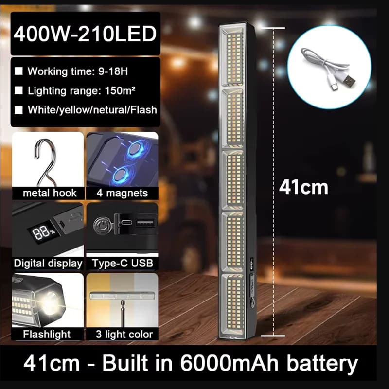 2025aHigh Power LED Magnetic Light Bar alta Portable USB Rechargeable Work Light 41 cm 3 Modes IP66 Waterproof Emergency Power Bank
