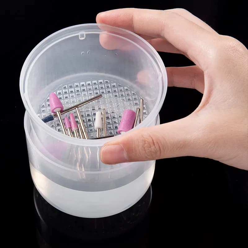 Scatola per la disinfezione delle punte per trapano per unghie, contenitore a doppio strato con filtrazione per la pulizia, custodia per manicure, contenitore per la pulizia dei pennelli per unghie
