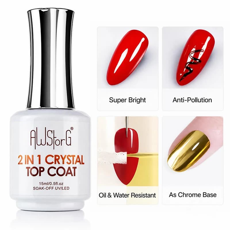 AWStorG Top Coat Diamantato 15ML per Smalto Gel Rinforzante Lunga Durata UV Soak Off Gel Varnish Alta Lucentezza 2 IN1 Top Coat Cristallo