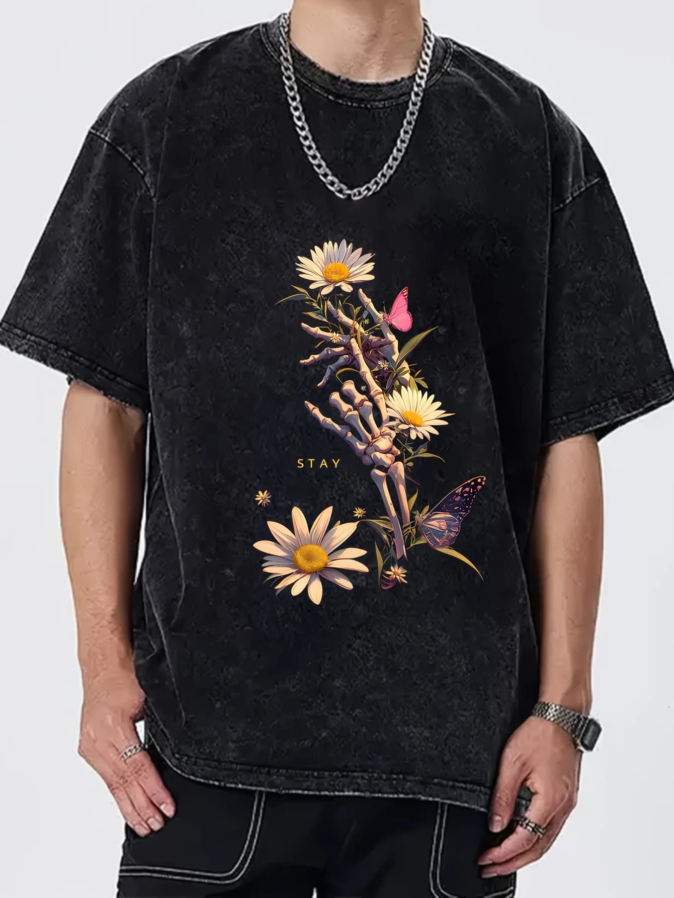 Men Round Neck Short Sleeve T‑Shirt, Creative Painting Print Loose Streetwear Tee, Stretchy Knit Fabric Machine Washable