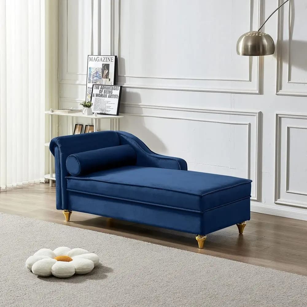 Chaise longue da interno in velluto con cuscino lombare e vano portaoggetti, blu navy