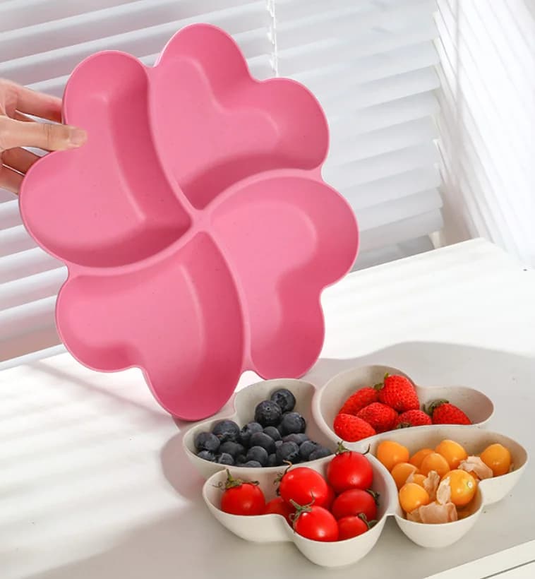 Vassoio Portadolci a Quattro Foglie in Paglia di Grano Essiccata, Contenitore Compartimentato per Snack, Vassoio per Caramelle per Soggiorno, Ecologico