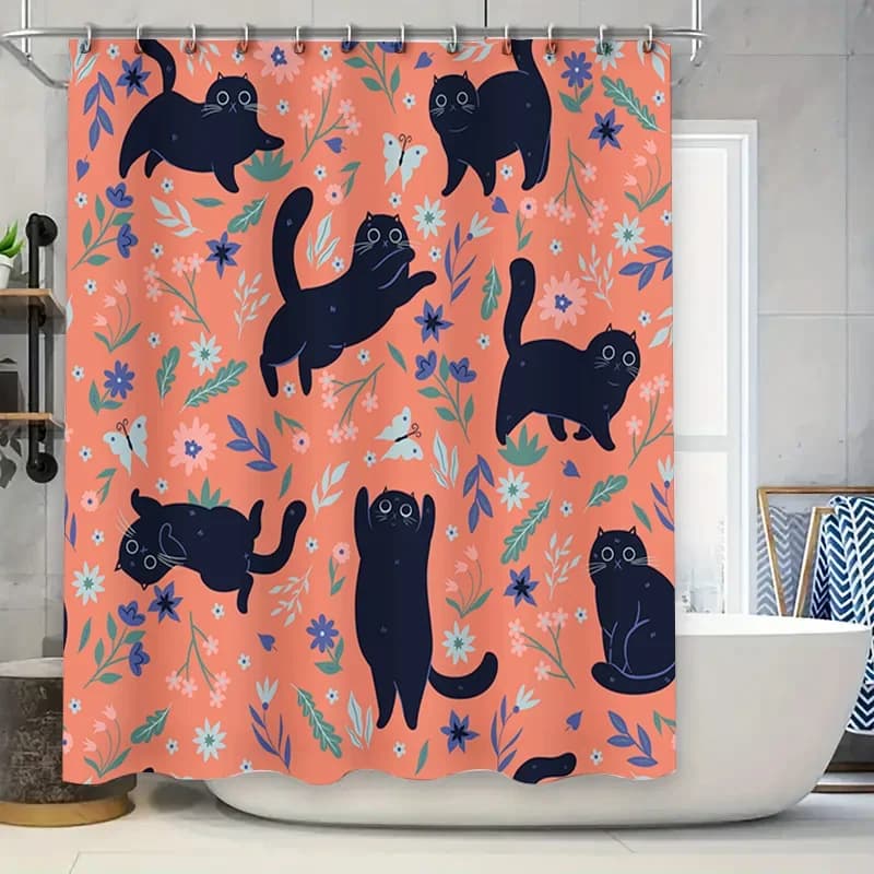 Tenda da doccia per gatti, design floreale, sfondo rosa, stampa gatti neri, arredamento per il bagno, tessuto impermeabile, accessori per la casa carini,