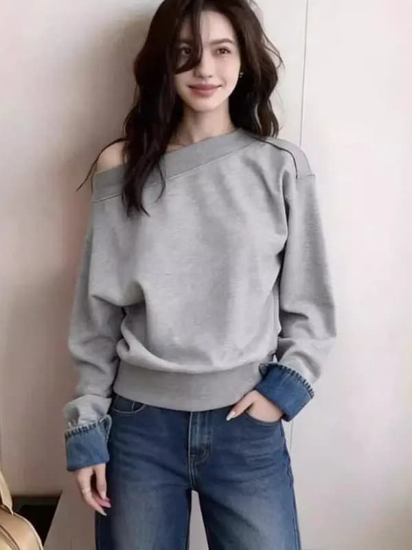 Loose Fit Hoodie Grey Slouchy Neck Design Spring Women's Fashion New Style Versatile Comfortable Long Sleeve Casual Top