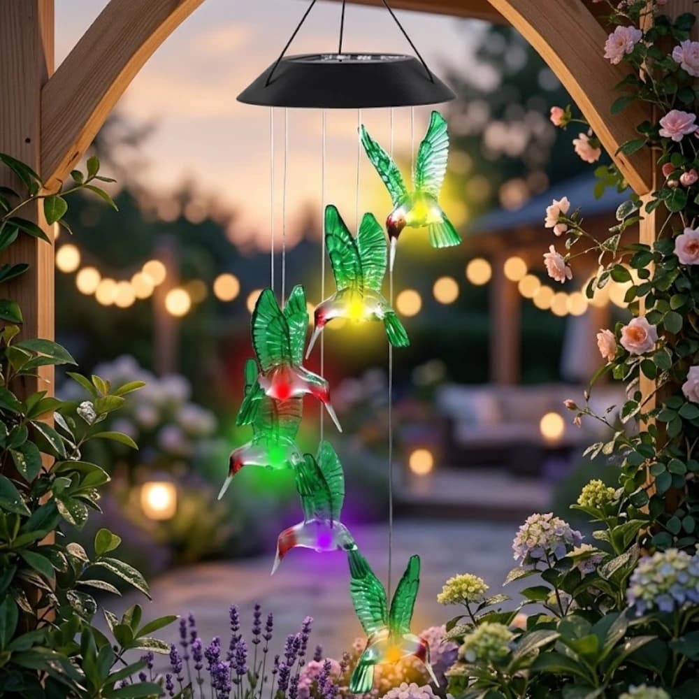 Solar Rechargeable Lanterns Outdoor Garden Yard Waterproof Decorative Lamp Solar Power Hummingbird Wind Chimes Pendant Lights