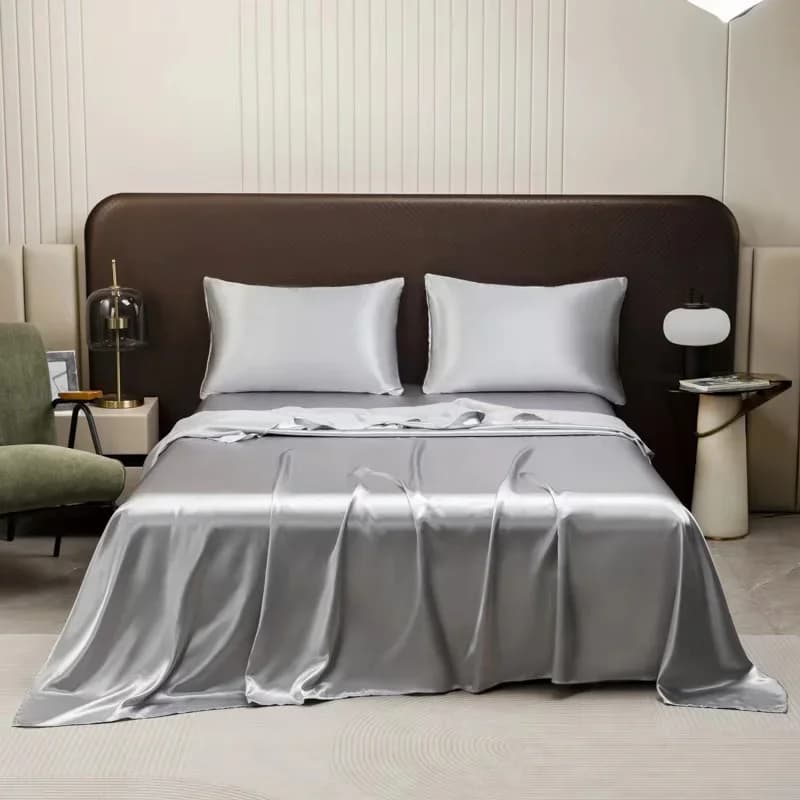 Set di Biancheria da Letto in Seta Satinata Lavata, Copriletto King Size, Proteggi Materasso Argento, Set Lenzuola Tinta Unita per Hotel e Casa