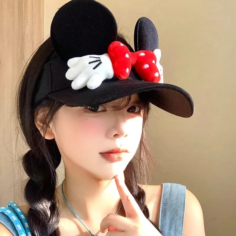 Cappello da sole da viaggio estivo per ragazza, modello Disney, con simpatico cartone animato di Topolino, mani piccole e fiocco a farfalla, cappello a cilindro aperto, sottile, traspirante e confortevole