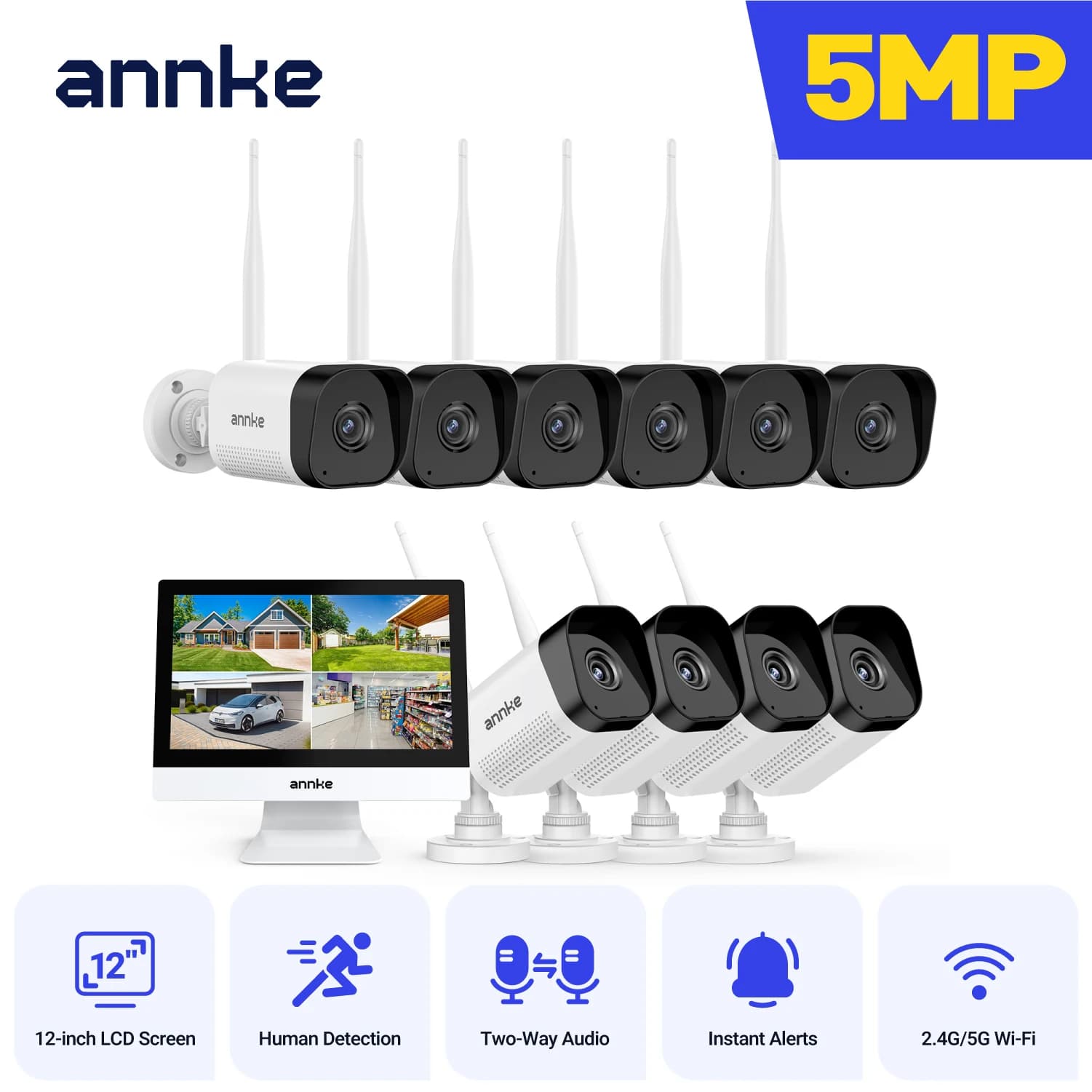 ANNKE Kit telecamere di sicurezza wireless da 5 MP Monitor esterno impermeabile 10CH NVR da 12 pollici con telecamera IP Set di sistemi di sorveglianza CCTV