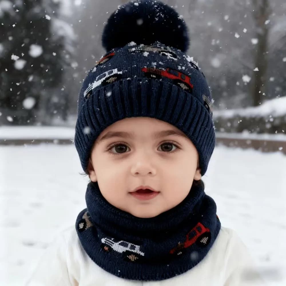 Set cappello e sciarpa caldi invernali da ragazzo 3-8 anni 2 pezzi con motivo avventuroso per camion e auto - Passamontagna e berretto in maglia spessa morbido, elastico