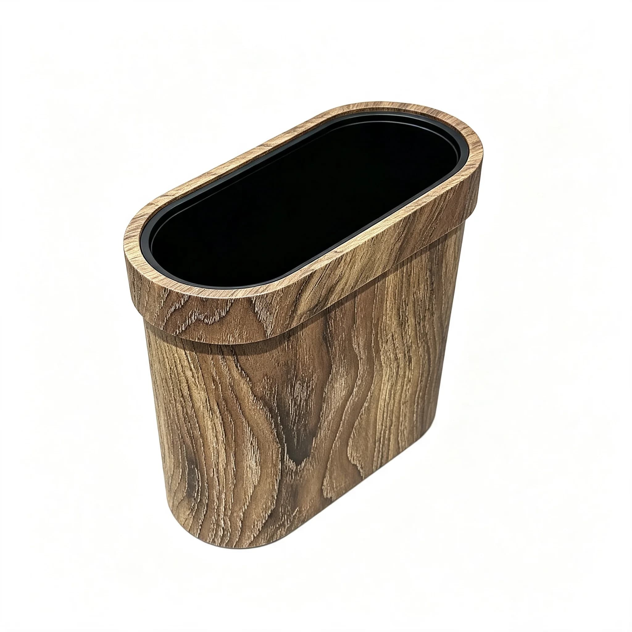 Slim Oval Open‑Top Wood Grain Plastic Trash Can, Decorative Waste Basket with Hidden Trash Bag Rim, Waterproof Narrow‑Body Dustbin for Bathroom Bedroom Kitchen Indoor Home Small Gap Spaces