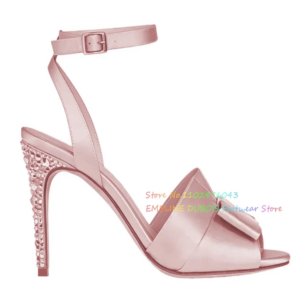 Pink Satin High Heel Sandals Women Sexy Open Toe Stiletto Crystal Heel Bow Decor Slingback Elegant Buckle Strap Banquet Shoes