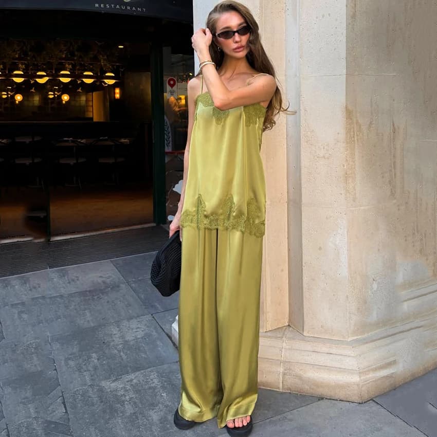 Linad Casual Satin Long Wide Leg Pants Suits Sexy Lace Spaghetti Strap Vest With Loose Trousers 2 Piece Sets 2026 Vintage Outfit