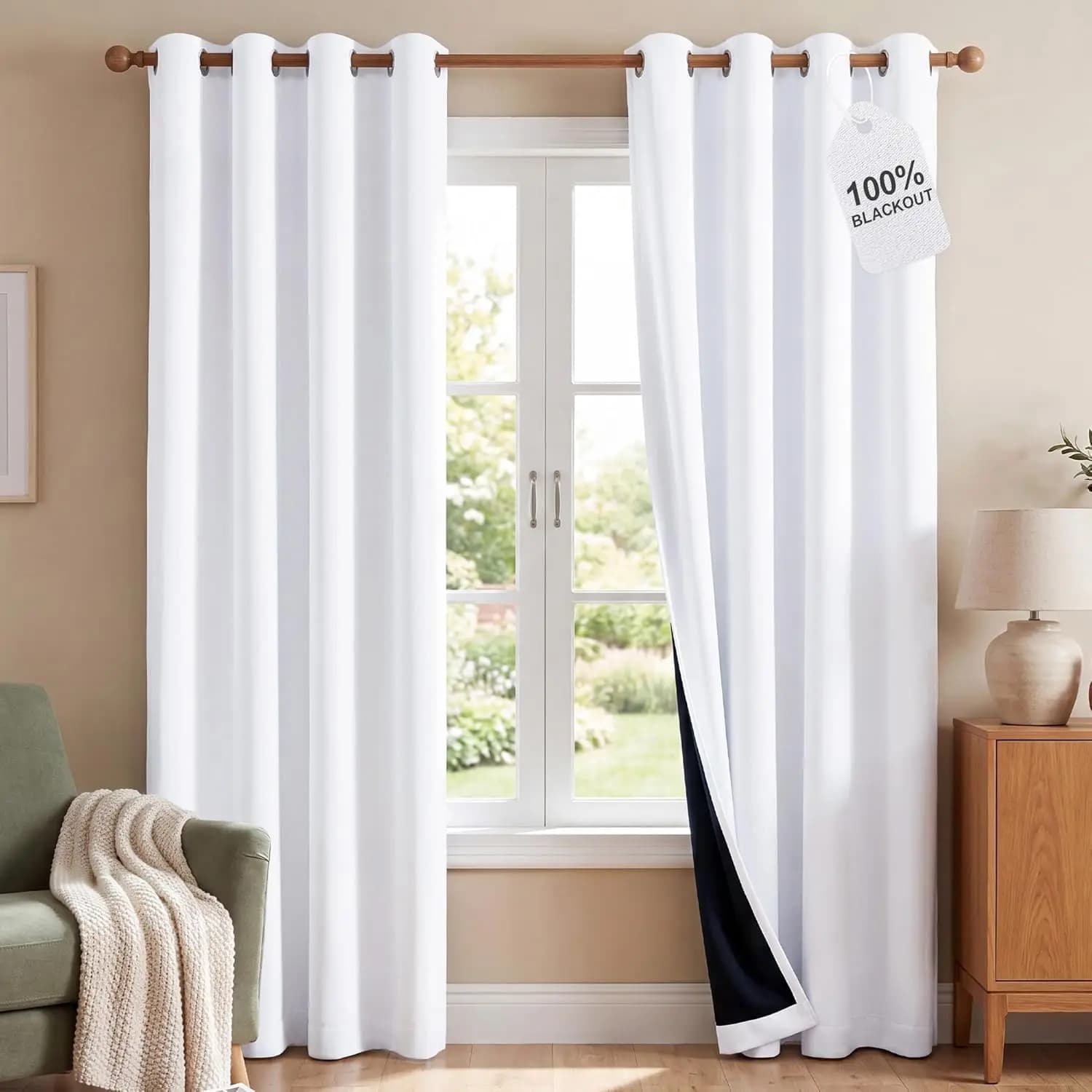 100% Blackout Window Curtain Panels, Cold and Full Light Blocking Drapes with Black Liner for Nursery, 84 inches Drop Thermal Insulated Draperies (White, 2 Pieces, 52 Wide Each Panel)