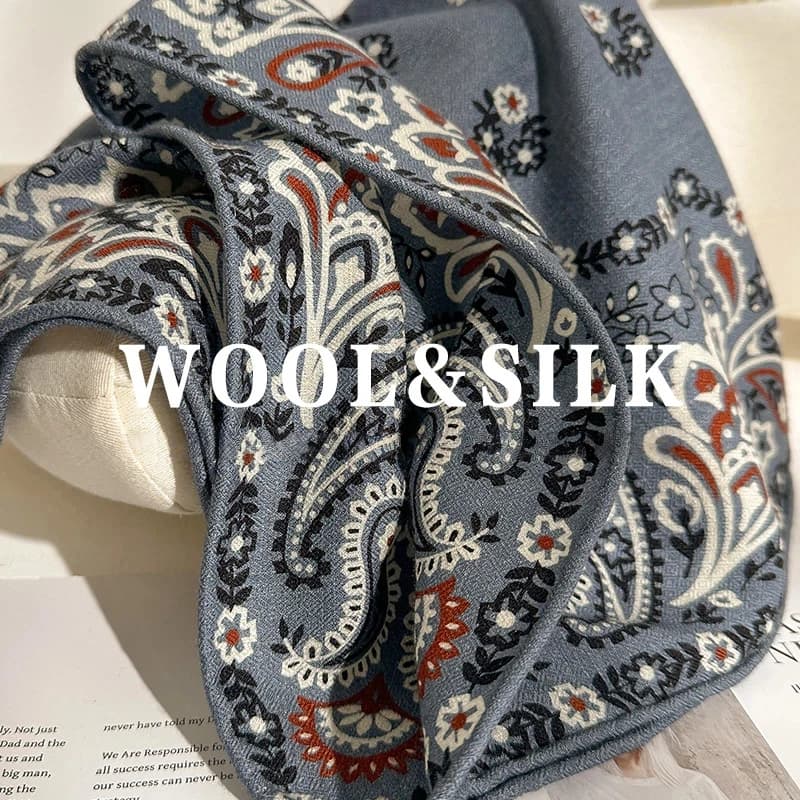 70% Wool 30% Silk Scarf Women Winter Ethnic Gray Orange Blue Paisley Print Neck Scarves Shawl Female Hijab Ladies Accessories