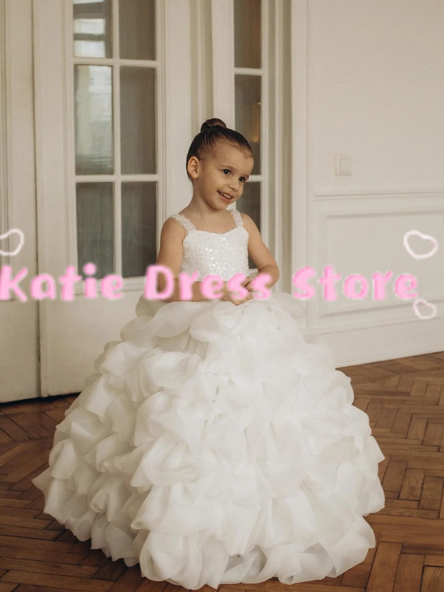 Abito da damigella bianco per matrimonio, con paillettes a strati, senza maniche, in tulle gonfio, per feste di compleanno per bambini, prima comunione, abito da ballo personalizzato