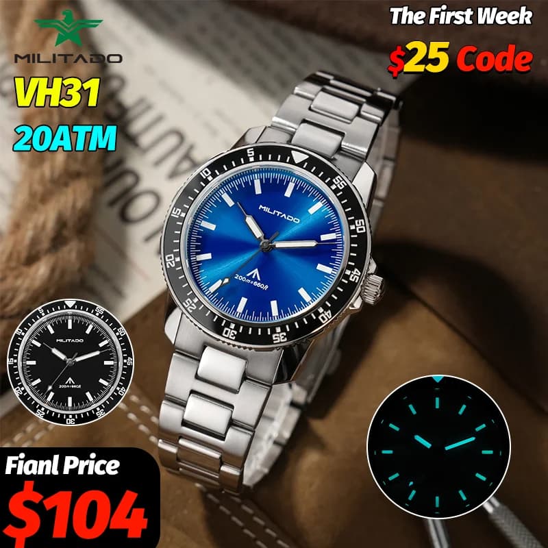 MILITADO ML25 Orologio subacqueo al quarzo VH31 Sweep Second Sapphire Crystal 200M Impermeabile BGW9 Lume Lunetta in ceramica Orologio da uomo