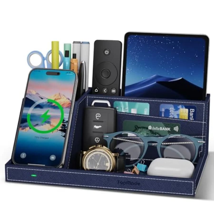 Caricatore Wireless e Organizer da Scrivania in Pelle, Accessori Multifunzionali per Ufficio, Porta Telecomando e Penne, Ricarica Rapida
