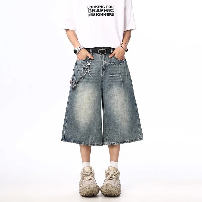 Y2k Pantaloncini larghi da uomo oversize Pantaloni estivi vintage larghi al polpaccio Jeans larghi lavati con fulmini e screpolature Streetwear