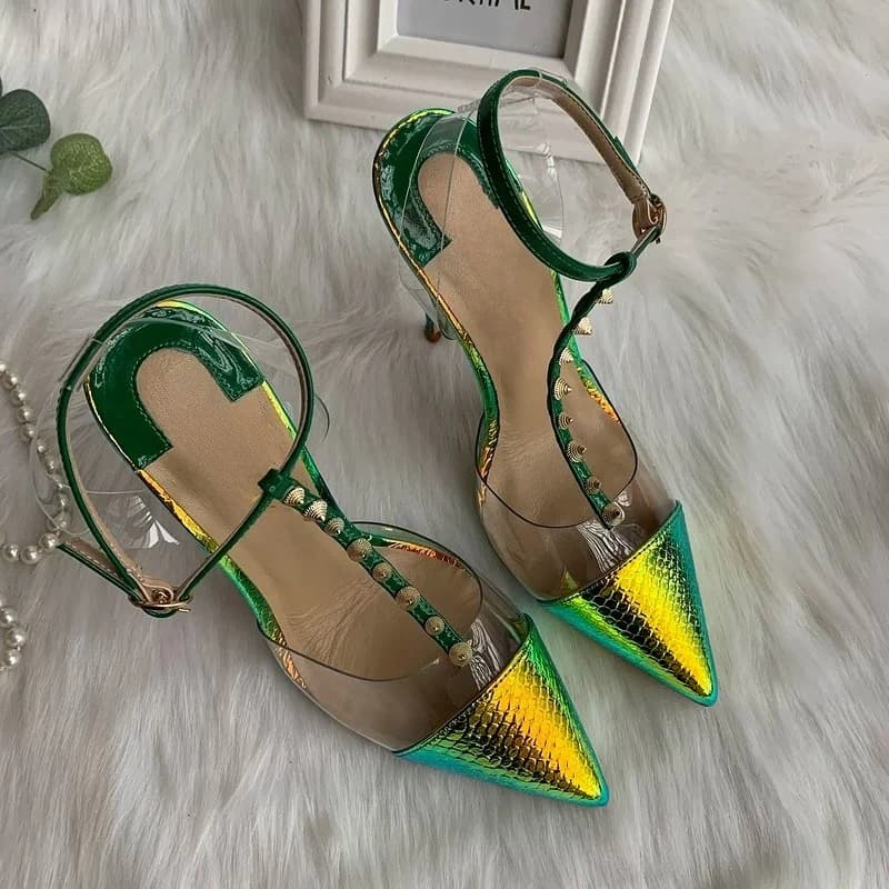 Sandali da Donna con Tacco Ultra Sottile 12cm, Punta a T in PVC con Rivetti, Stile Europeo e Americano