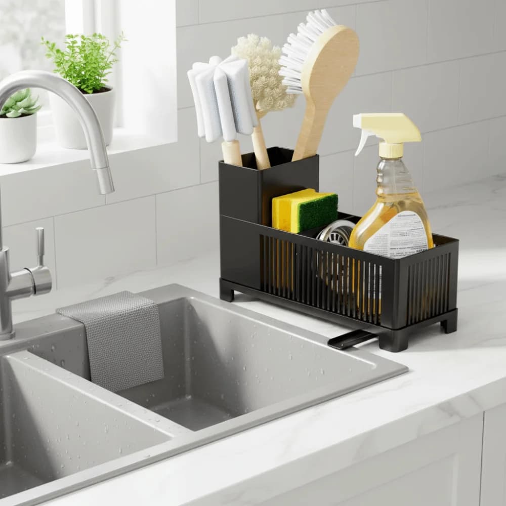 Organizzatore per Lavello Ben Ventilato, Cestello Porta Spugne Salvaspazio in Plastica, Dispenser per Sapone e Detersivo