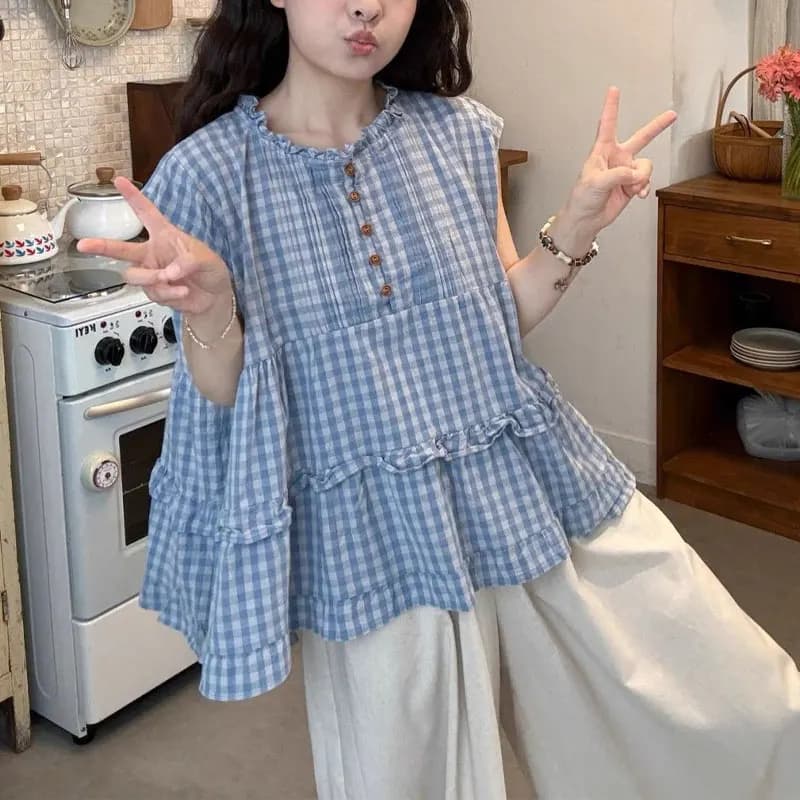 Camicetta con temperamento scozzese alla moda Abbigliamento da donna Allentato Casual Versatile Estate Coreano Girocollo Chic Pieghe Camicie impiombate