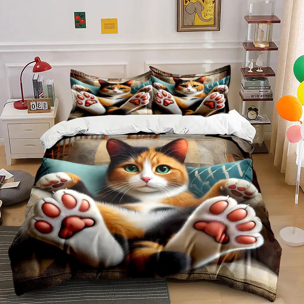 The cat lying on its back on the sofa Print Bedding Set 1 Duvet Cover 2 Pillowcases for Adult and Children Luxury Gift