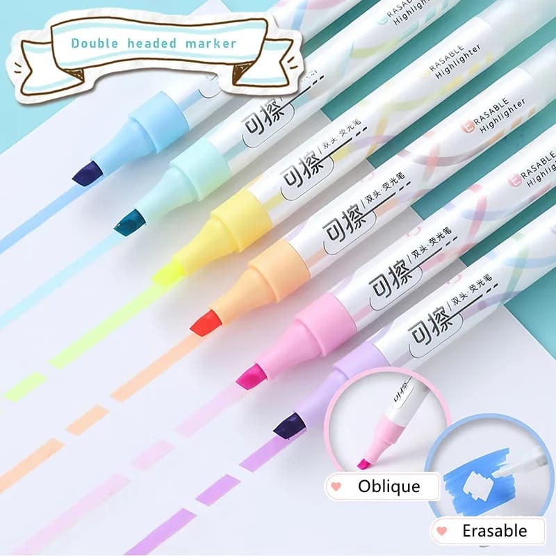 Set di 6 evidenziatori cancellabili Kawaii a doppia testa per prendere appunti sottolinea pennarelli spessi 4 mm penne fluorescenti