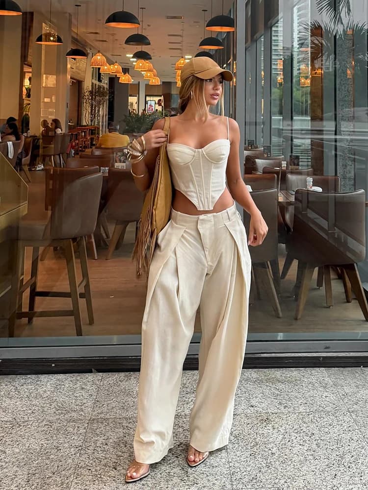Sexy Solid Vest Pants Women's Set Beach Patchwork Slash Neck Top Pleated Trousers 2026 Summer Autumn Holidays Lady Outf New