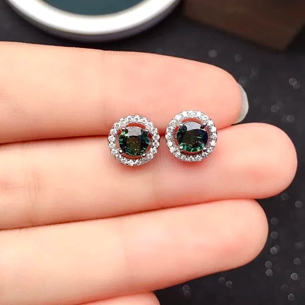 Orecchini classici in argento 925 con pietre preziose Orecchini in argento con zaffiro verde-blu naturale al 100% Orecchini con zaffiro in argento sterling