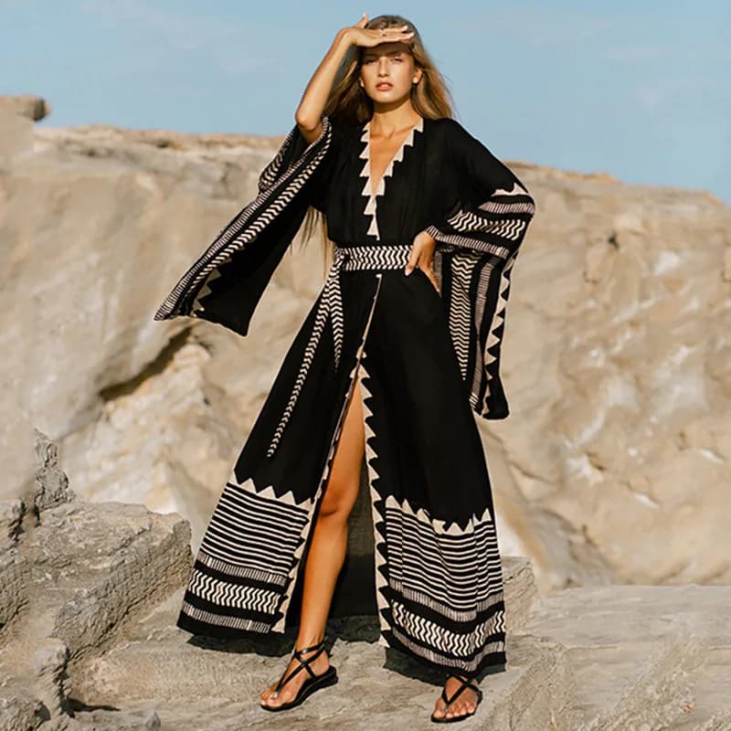 Abito copricostume estivo da spiaggia per donna, kimono da spiaggia con maniche larghe, abito avvolgente con cintura, stampa geometrica, camicia protettiva solare
