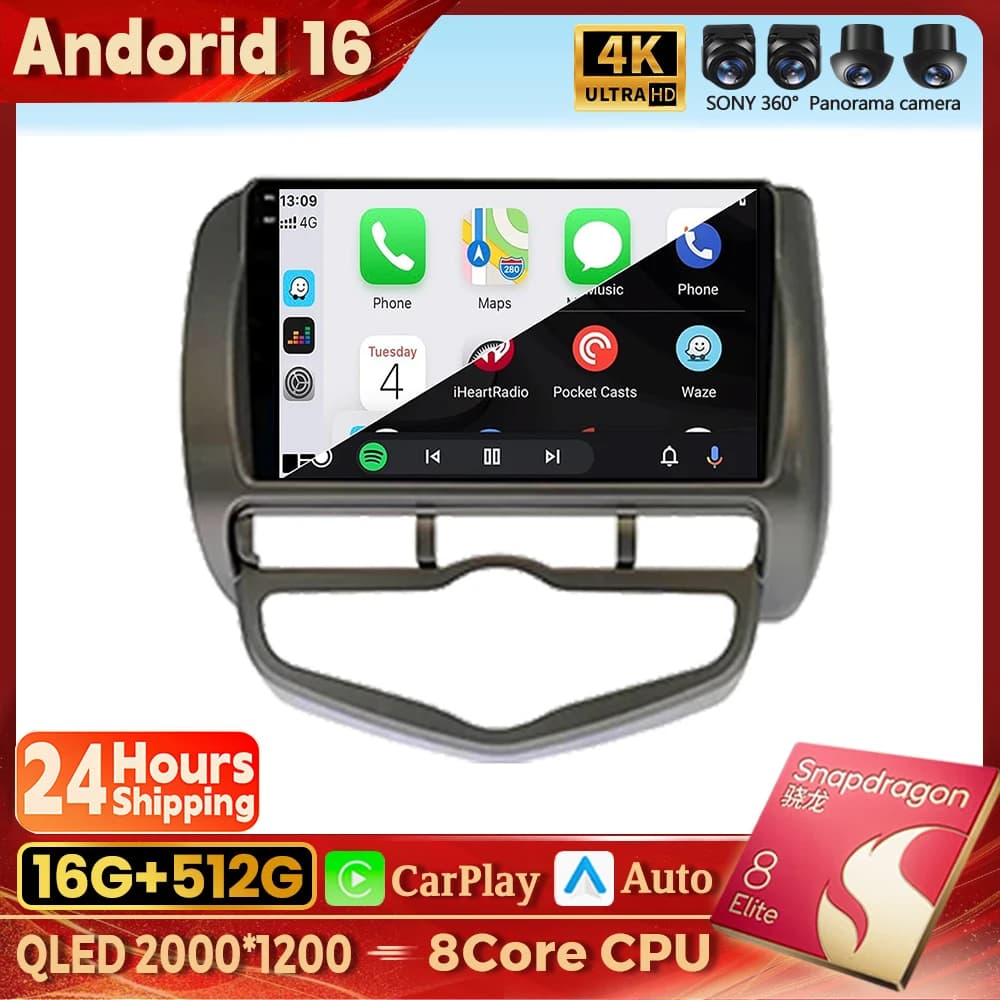 Autoradio Android 16 Carplay Auto Qualcomm con schermo QLED 2K per HONDA CITY FIT 2002-2007, GPS, Stereo, Bluetooth, Wi-Fi, Multimedia, DSP
