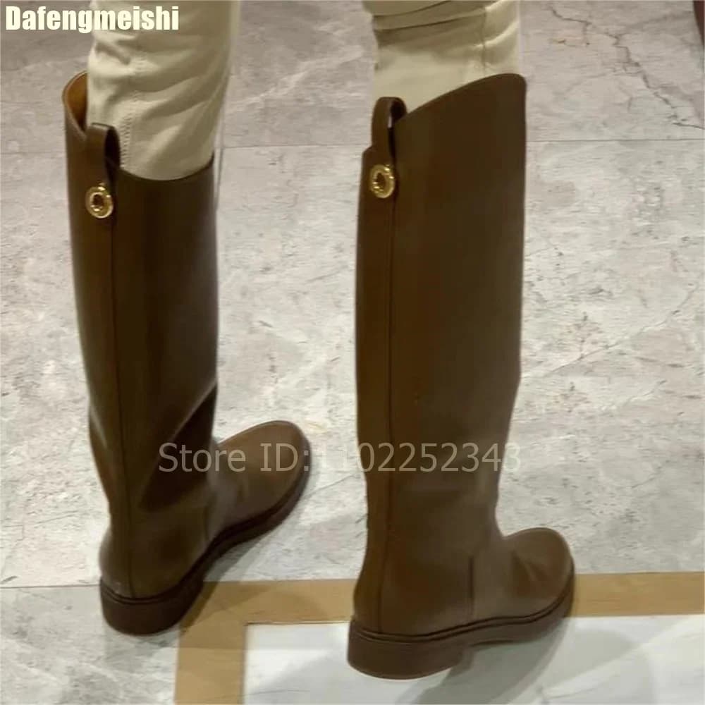 2026 Winter Fashion Women Knight Boots Solid Color Leather Round Toe Simple Casual Knee-High Boots Flats Slip-On Oversized Boots