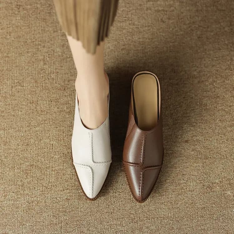 Fashionable Baotou Slippers for Women 2025 Summer New Korean Style Slip on Pointed Toe Leather Sandals Casual Muller High Heels
