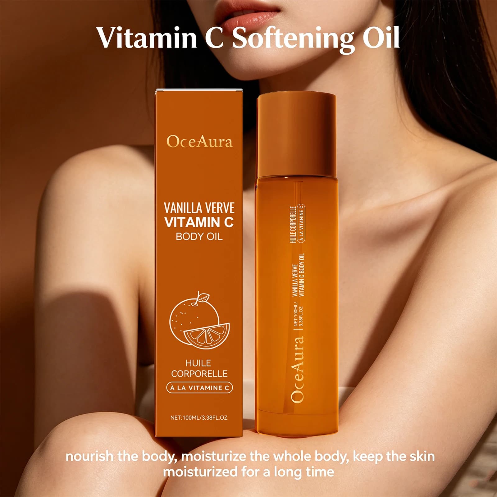 Olio Corpo alla Vitamina C, Idrata e Nutre Profondamente la Pelle, Antiossidante, Ripristina la Pelle Secca, Olio Essenziale per Massaggi