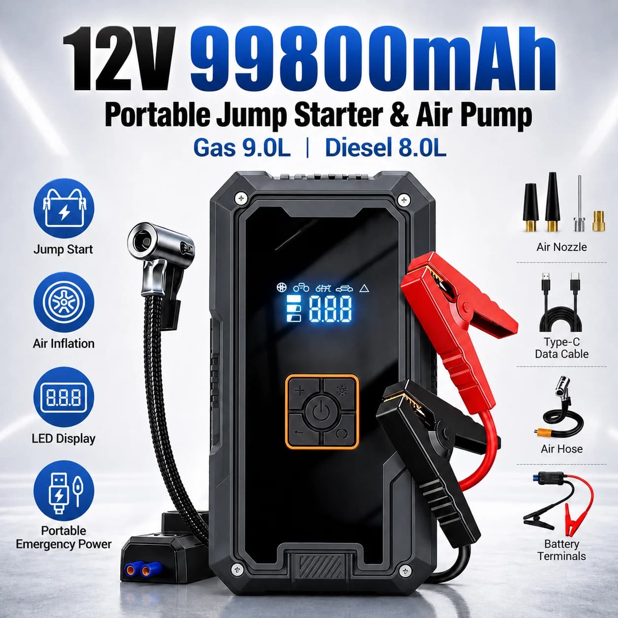 Emergency Starter for Auto 3000A 12V with Air Compressor and Power Bank 99800mAh, Portable Starter with Air Pump 150PSI and LED Light