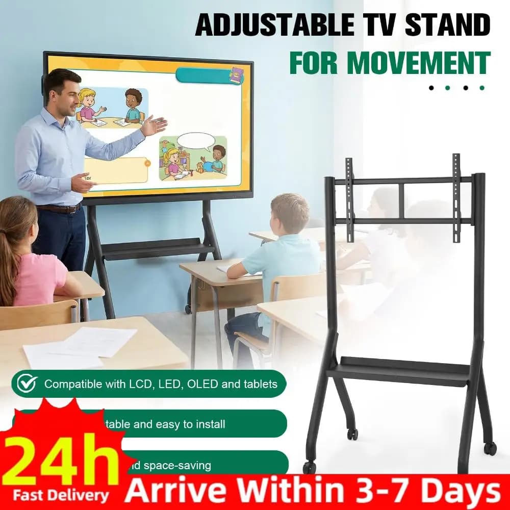 Supporto TV mobile per schermi da 42 a 75 pollici, regolabile in altezza, con ruote e ripiano per laptop, per ufficio/aula/casa