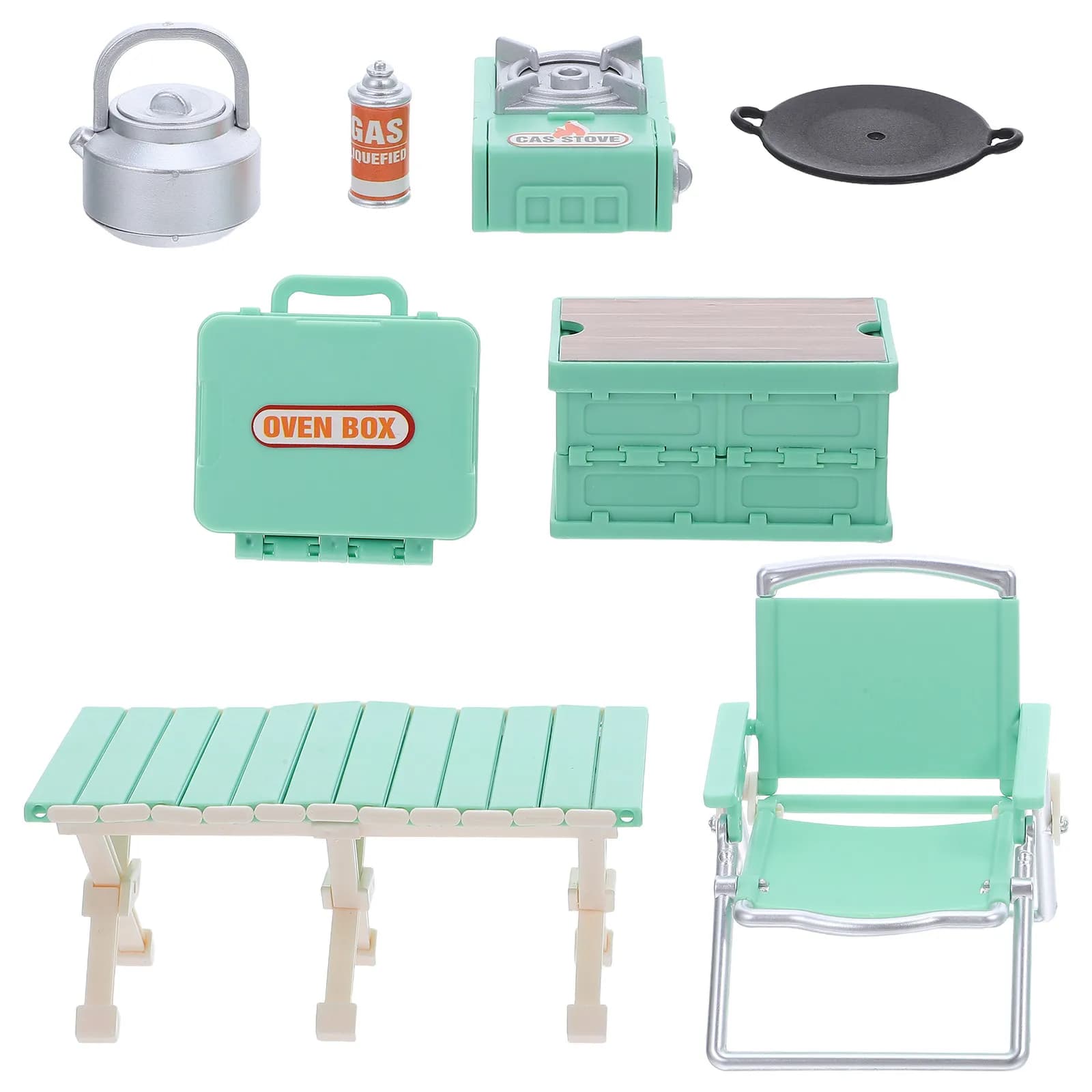Set da Campeggio in Miniatura con Sedie Pieghevoli, Tavolo da Picnic, Fornello a Gas, Griglia, Forno, Cucina Esterna e Set per Barbecue