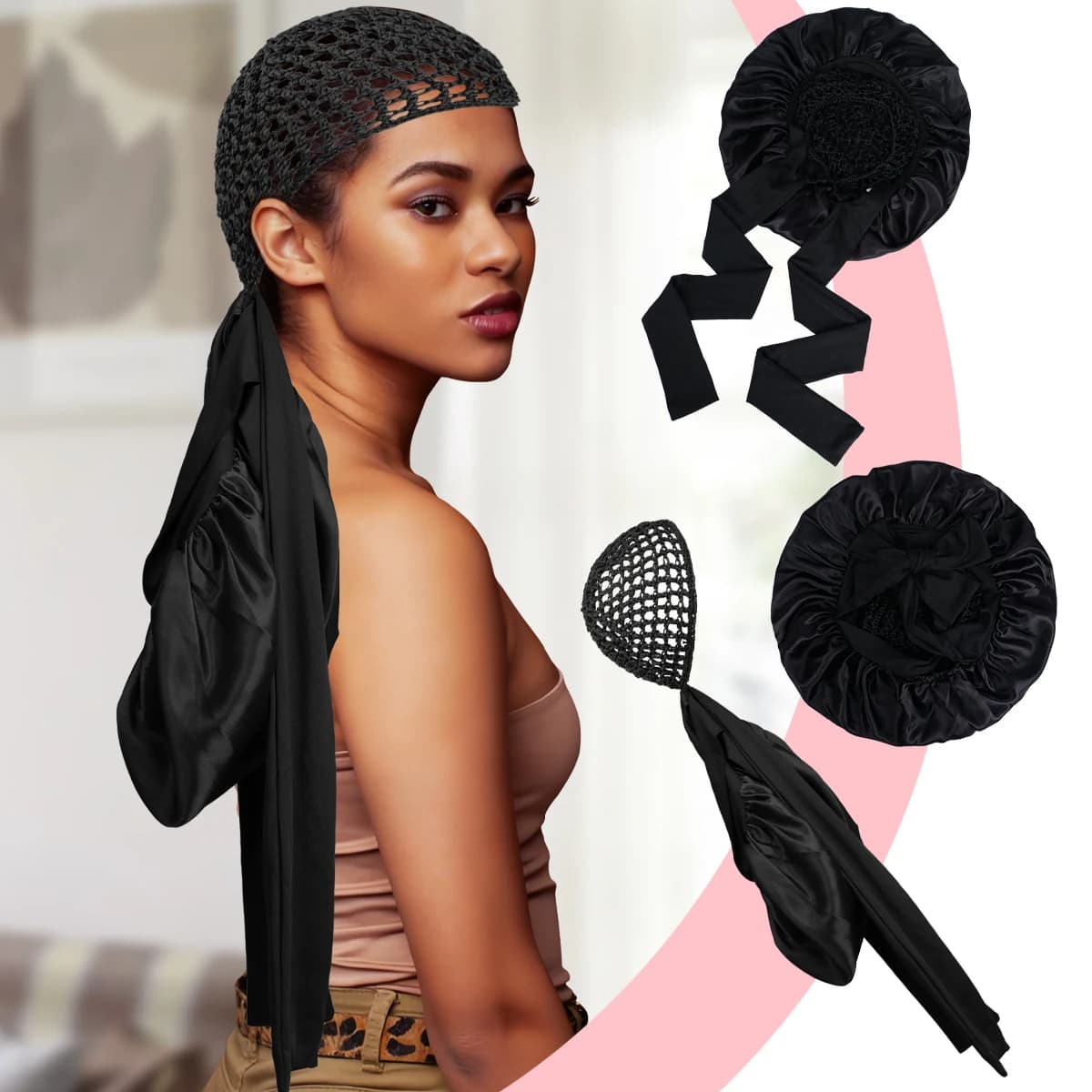 Satin Night Head with Wide Design Elastic Network Waterproof Foldable Hair Head Liscia Two In One Multicolor For Daily Use And Shower