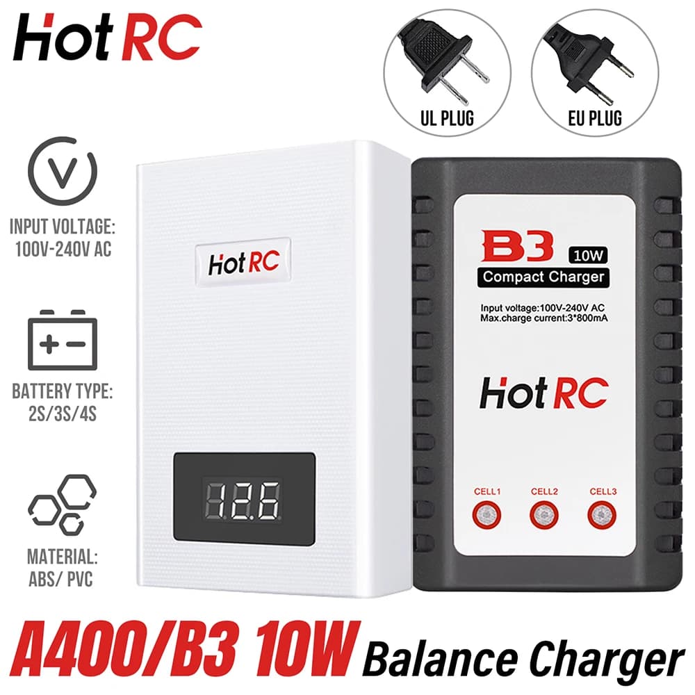 HotRC A400/B3 10W Charger with 2S/3S/4S cell balance, 100V-240V AC, EU/US Plug, Quick Charger for Lipo Batteries, RC Car Charger