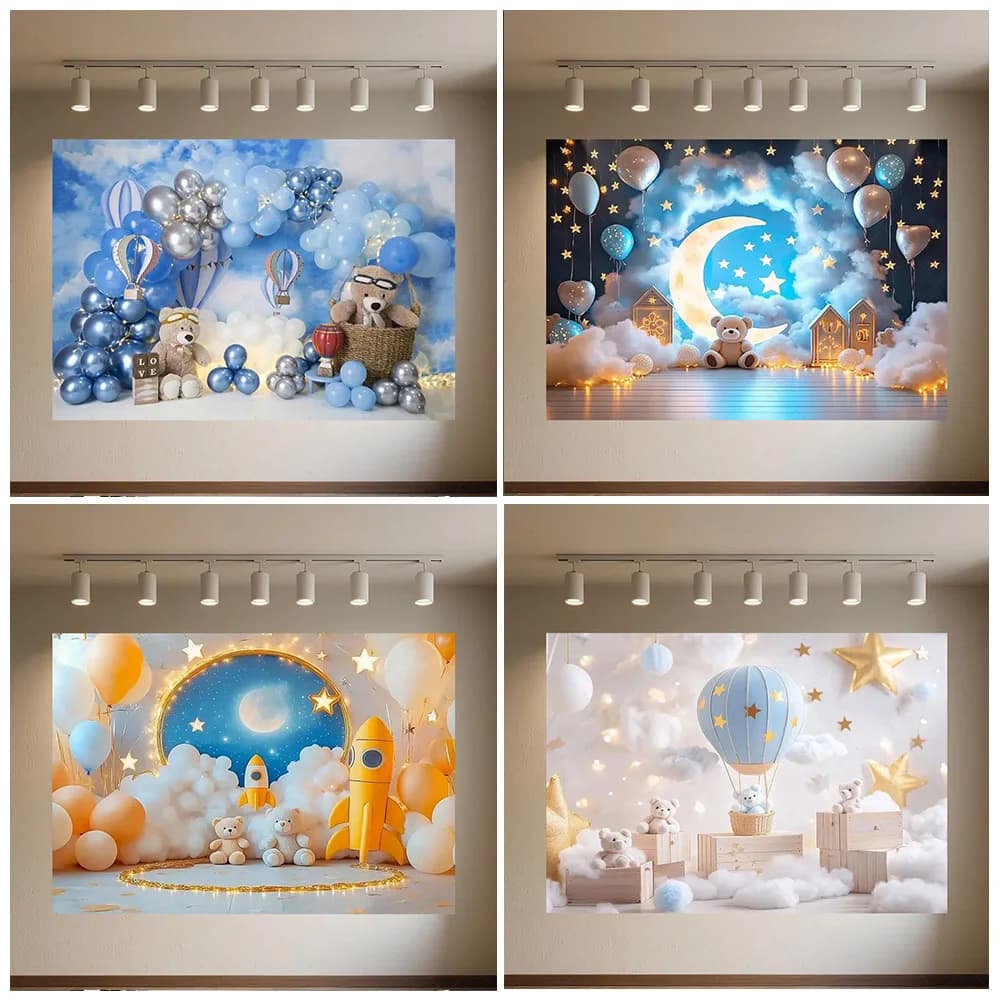 Cartone animato mongolfiera orsacchiotto sfondo fotografico decorazioni per feste di compleanno per bambini forniture per baby shower servizio fotografico neonato