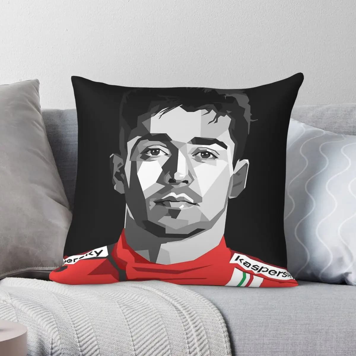 Fodera per cuscino quadrata con motivo in poliestere, lino e velluto, con cerniera, decorazione per cuscino da divano, Charles Leclerc Racing Driver
