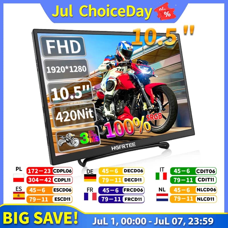 HGFRTEE 10.5 inch Portable Monitor 420Cd/m ² FHD 1280P 100% SRGB Laptop Second Screen For Mac Xbox PS4/5 Switch