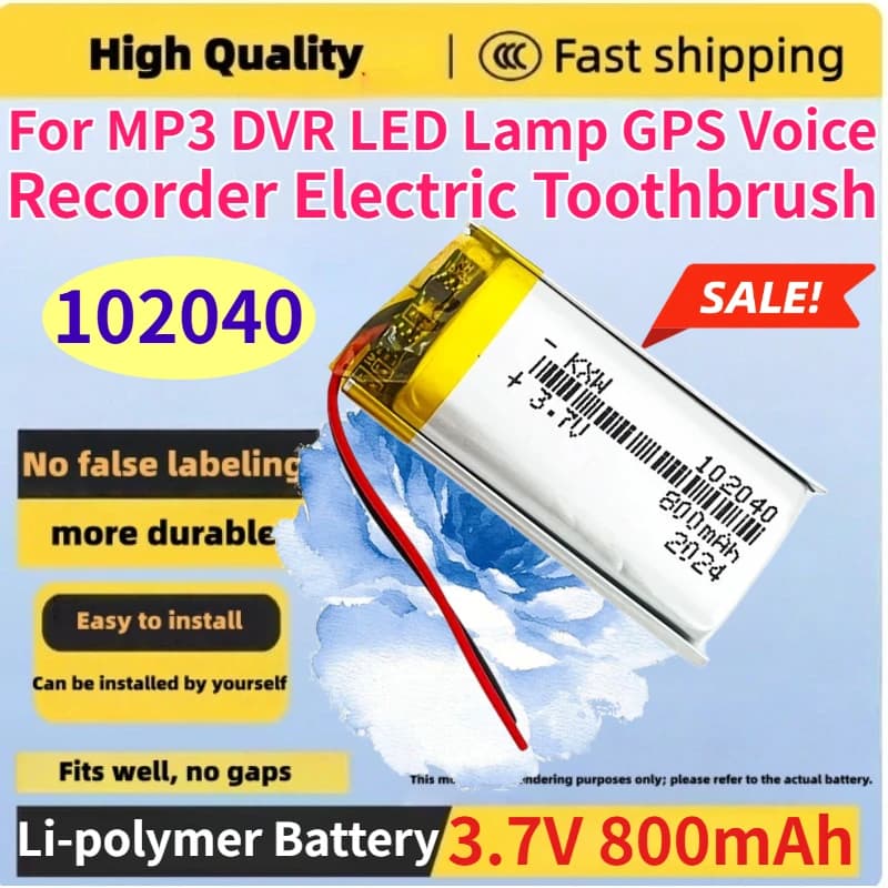 Nuova Batteria Ricaricabile Li-Polimero 102040 3.7V 800mAh per MP3, DVR, Lampada LED, GPS, Registratore Vocale, Spazzolino Elettrico, Sostituibile