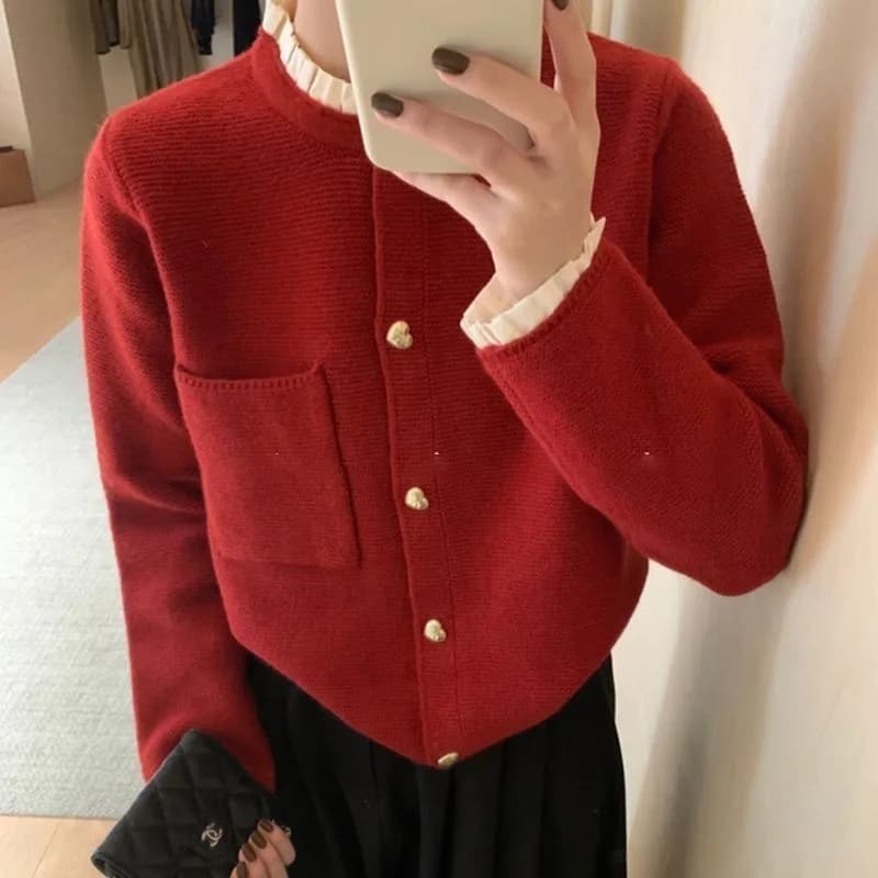Nuovo cardigan lavorato a maglia in pizzo plissettato fungo Top giacca maglione con bottoni francesi