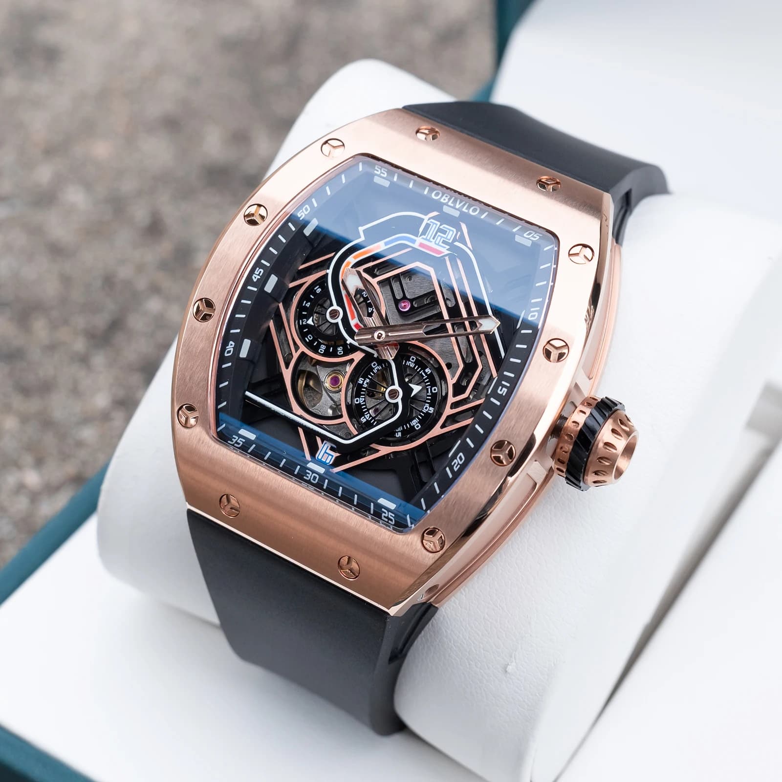 OBLVLO Men's Automatic Watch 43mm Tonneau Mechanical Wrist Watch Luminous Running Dial Sapphire Mirror