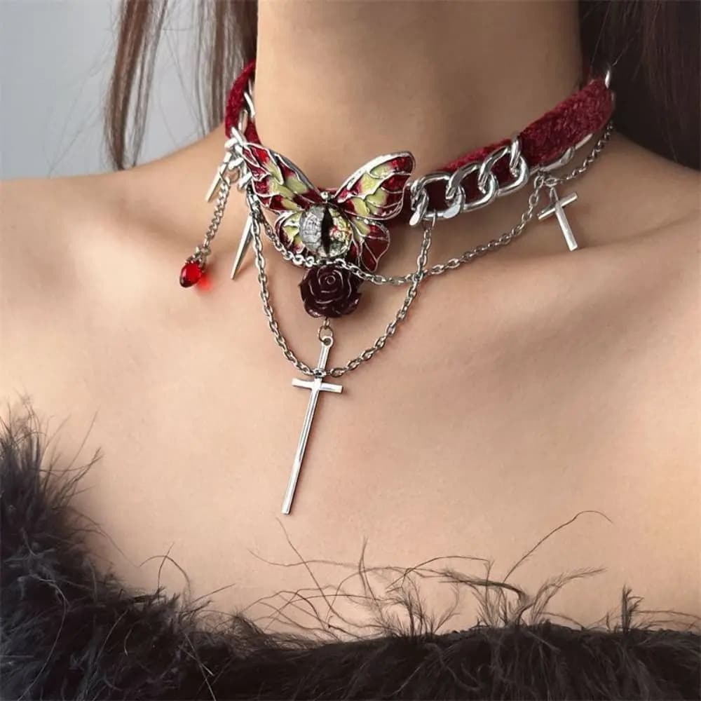 Gothic Crewneck Necklace with Butterfly and Pink, Y2K Style, in Red Velvet, with Eyes in Strass and Nappe, for Girls